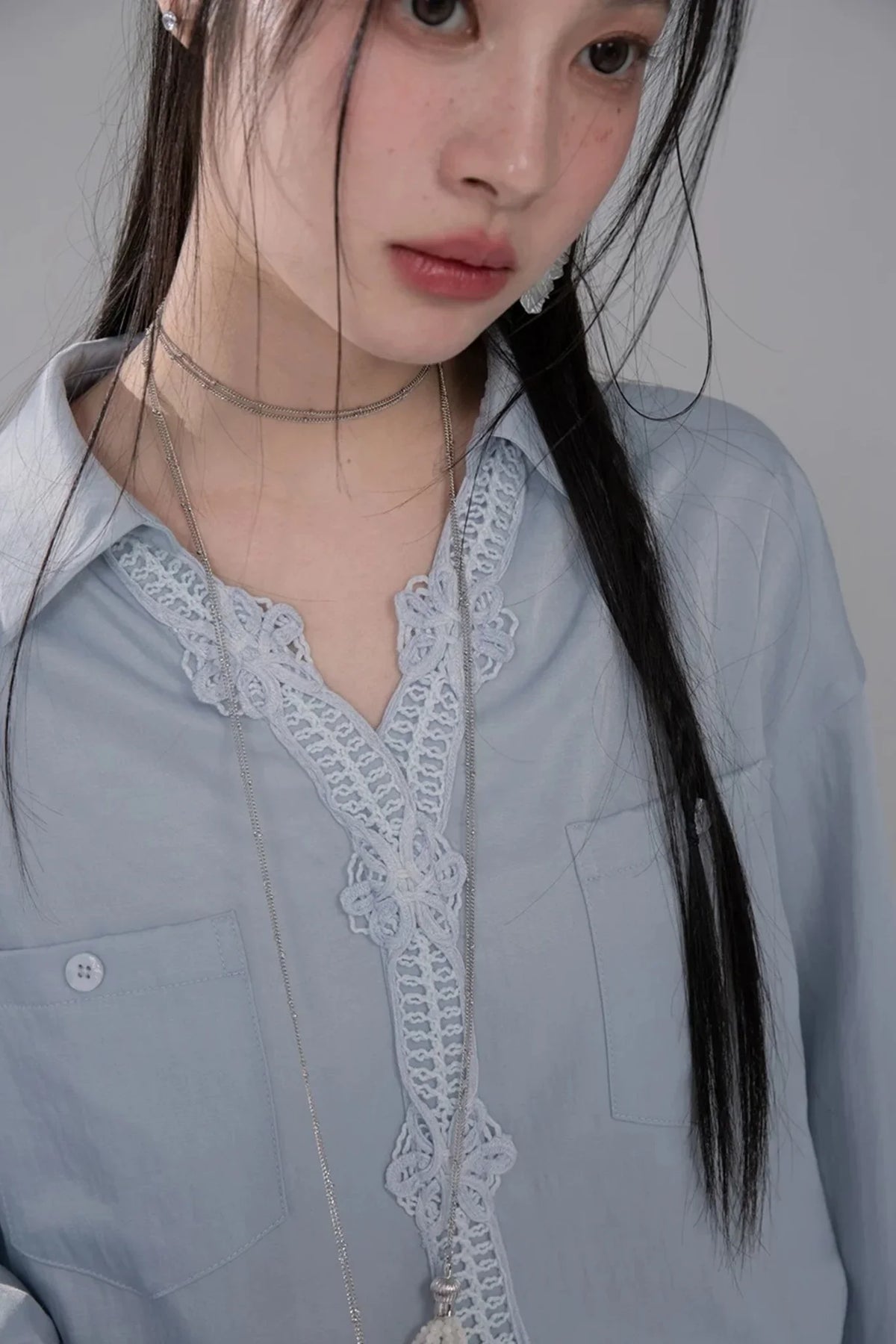 Lace Collar Mist Blue Blouse