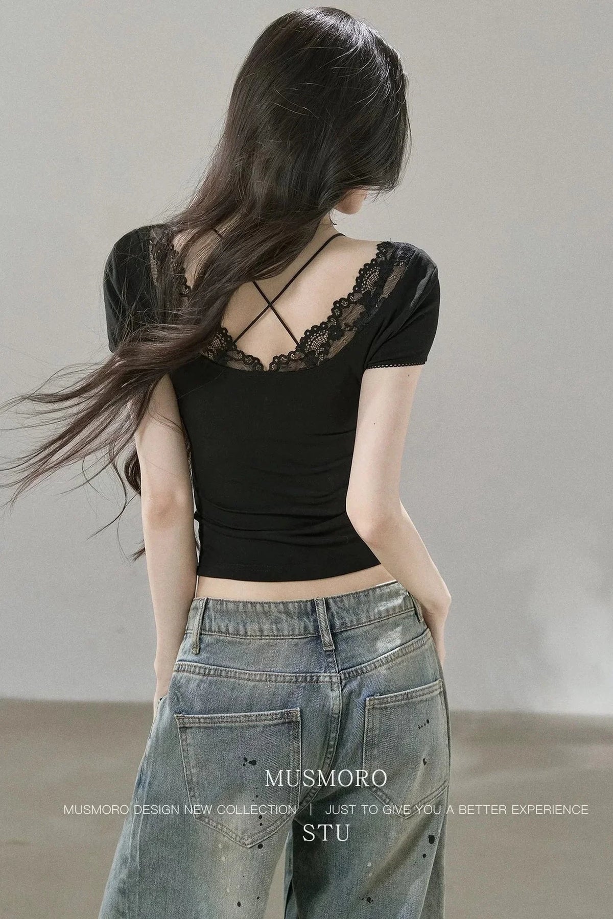 Lace Cuff Deep V-Neck Top