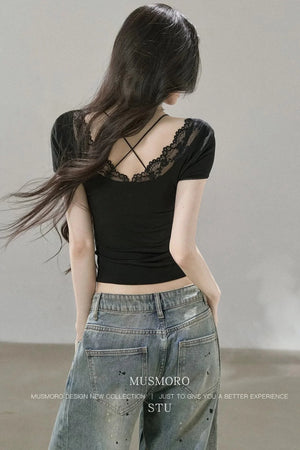 Lace Cuff Deep V-Neck Top