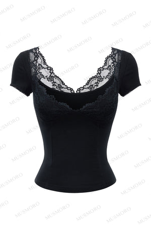 Lace Cuff Deep V-Neck Top