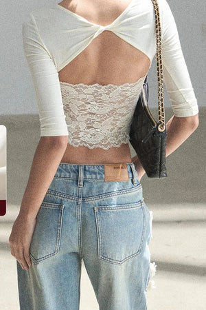 Lace Cutout Backless Short-Sleeved Top