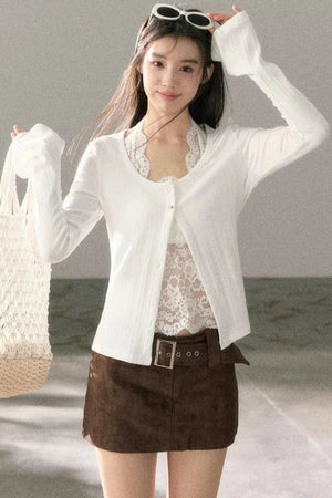 Lace-Detail Micro-Flare Knit Top