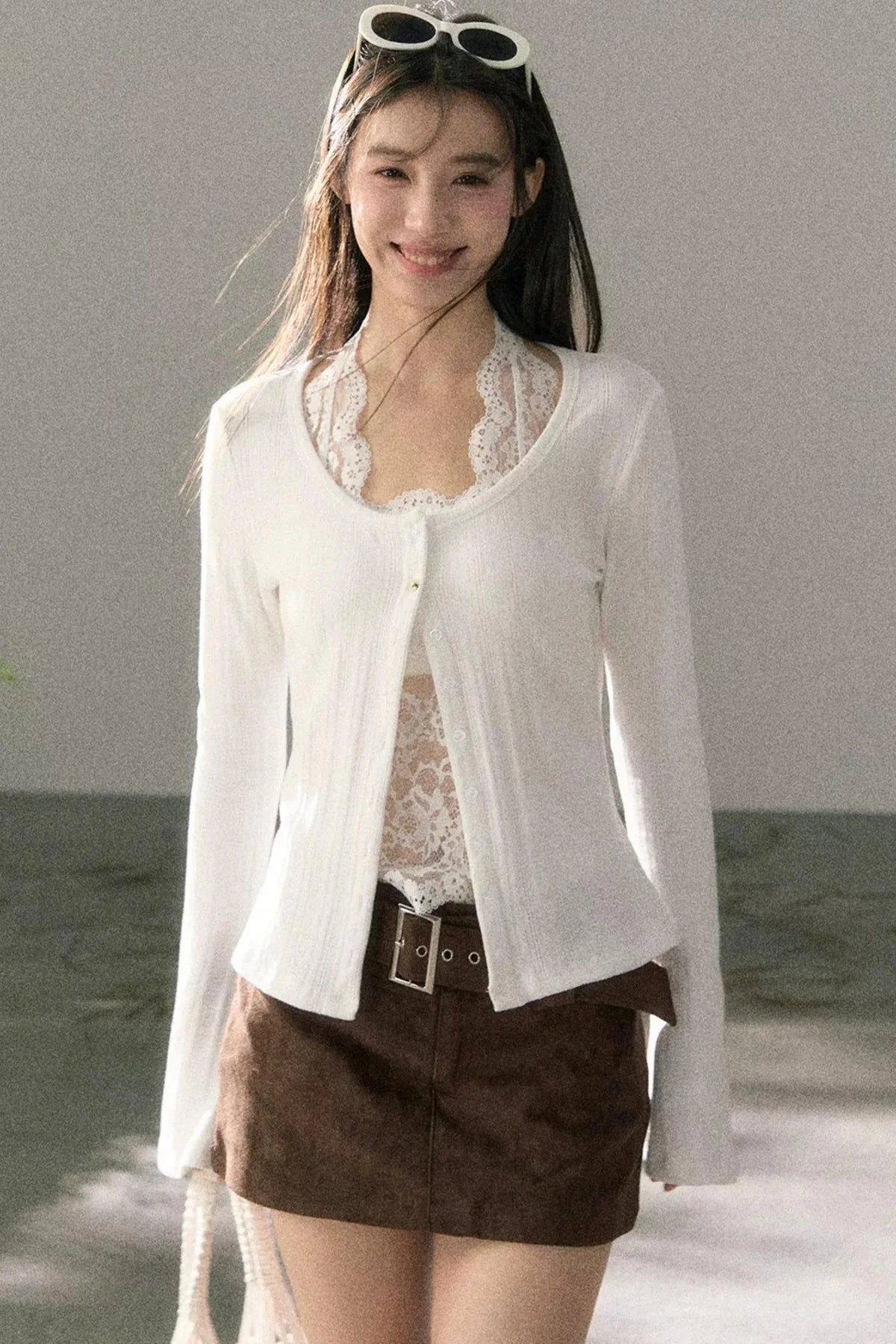 Lace-Detail Micro-Flare Knit Top