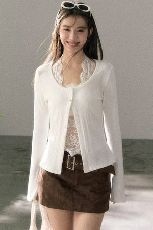 Lace-Detail Micro-Flare Knit Top