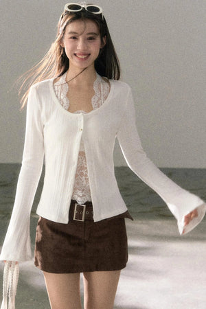 Lace-Detail Micro-Flare Knit Top