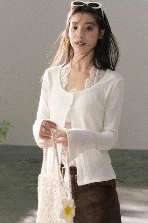 Lace-Detail Micro-Flare Knit Top