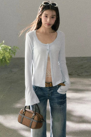Lace-Detail Micro-Flare Knit Top