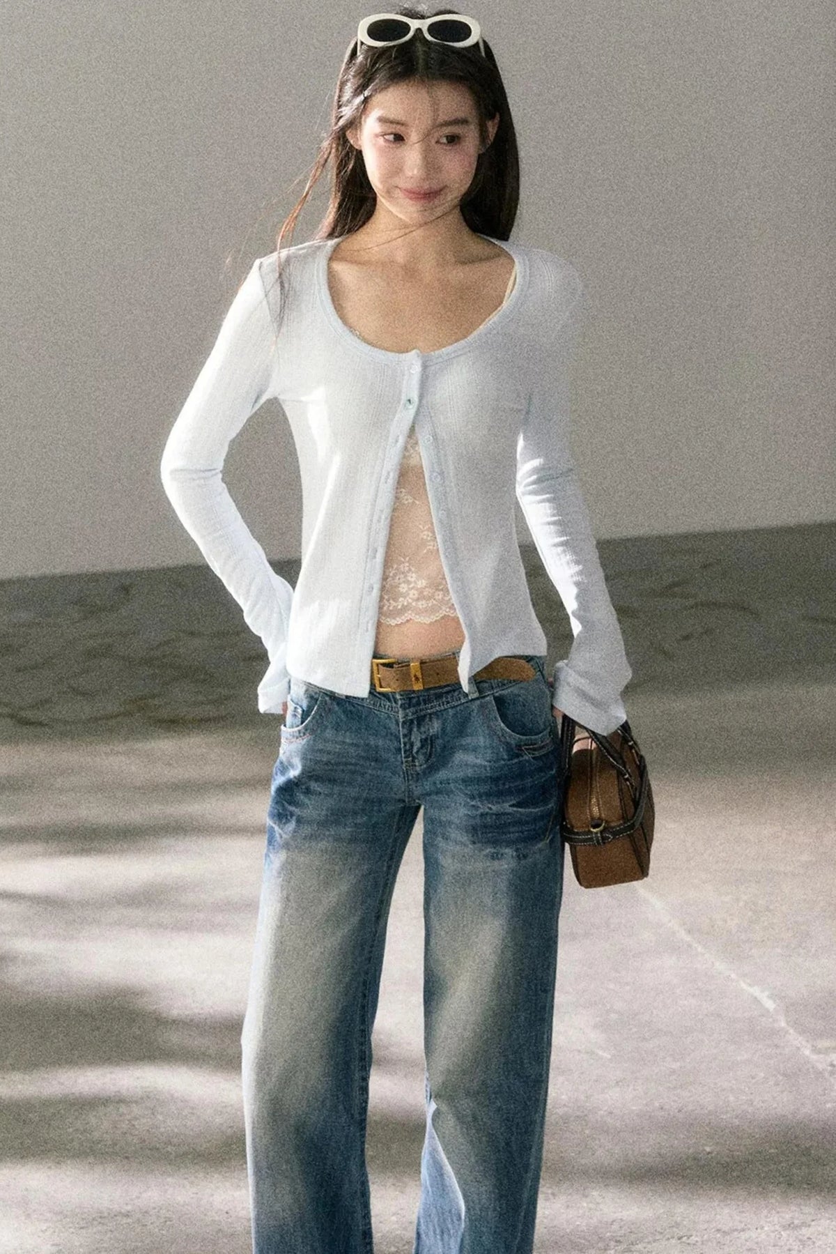 Lace-Detail Micro-Flare Knit Top