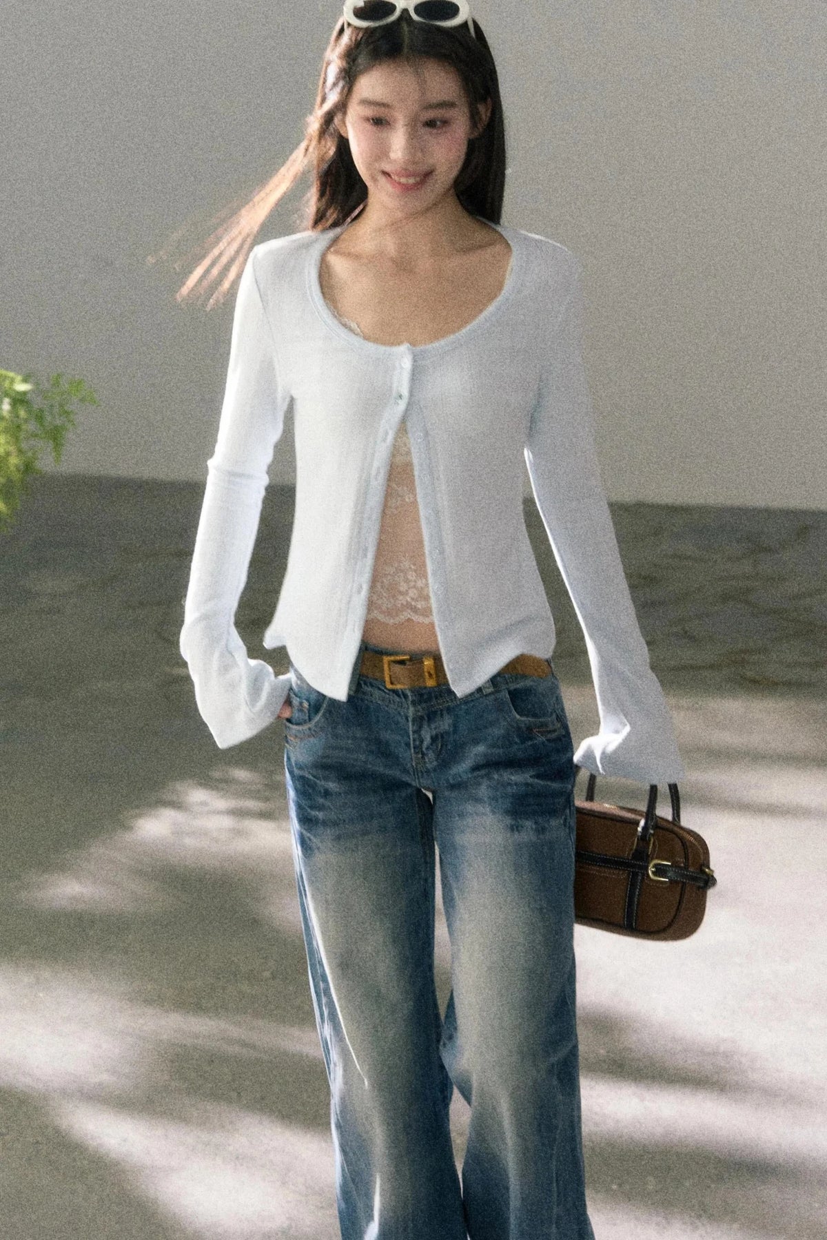 Lace-Detail Micro-Flare Knit Top