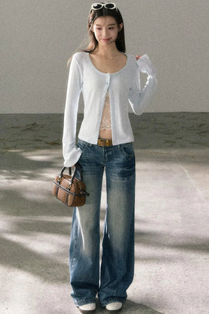 Lace-Detail Micro-Flare Knit Top