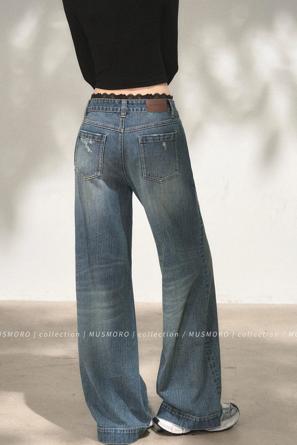 Lace Distressed Wide-Leg Jeans