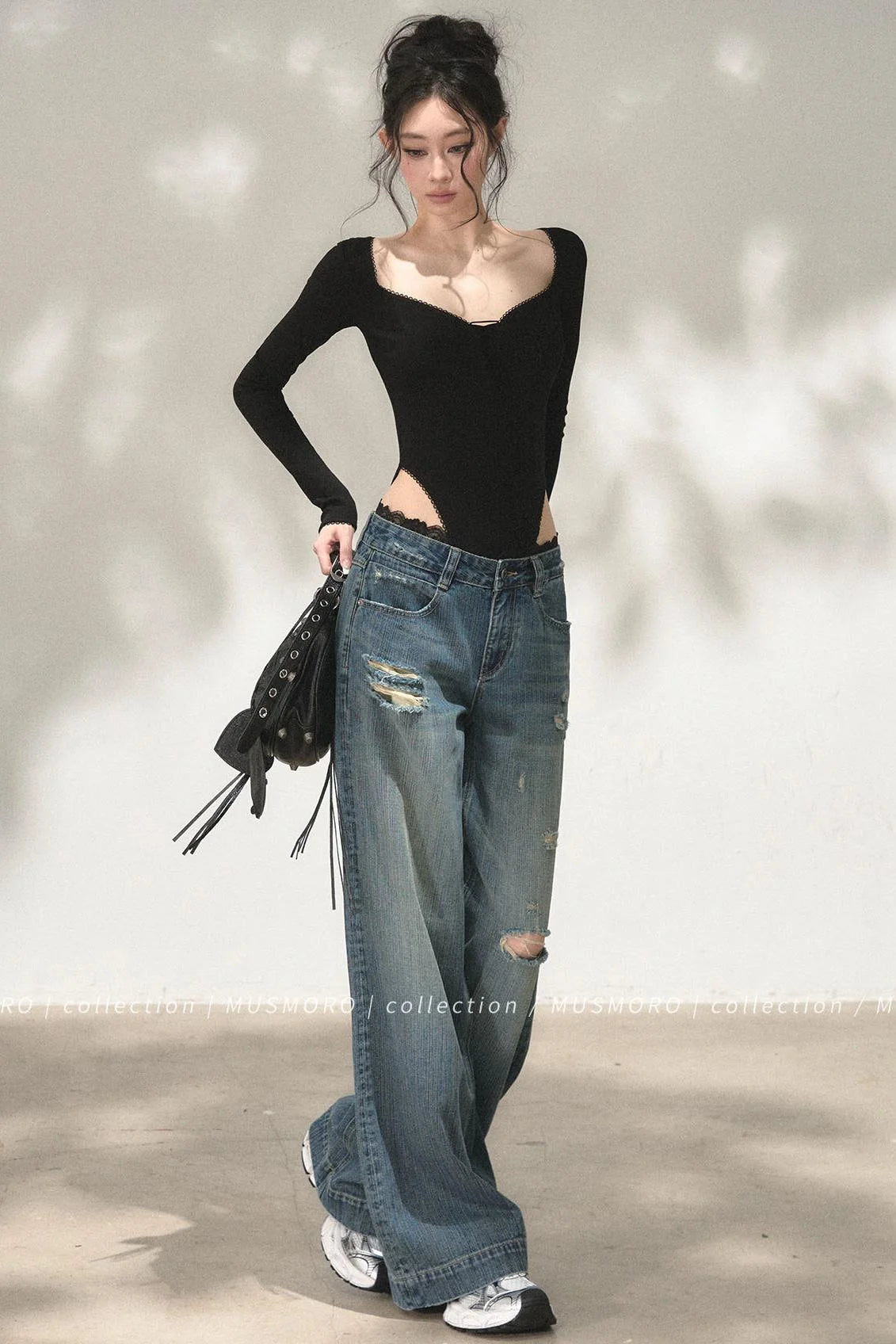 Lace Distressed Wide-Leg Jeans