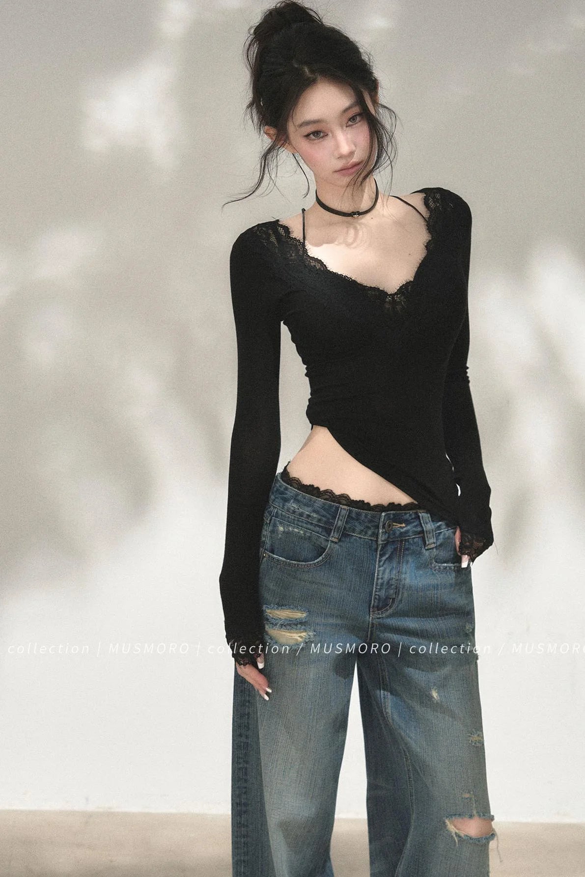 Lace Distressed Wide-Leg Jeans