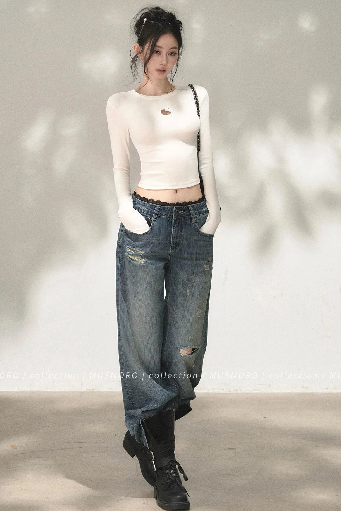 Lace Distressed Wide-Leg Jeans