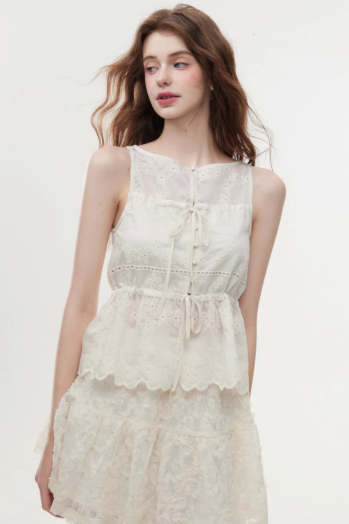 Lace Embroidered Soft Rice Tank Top Set-Up