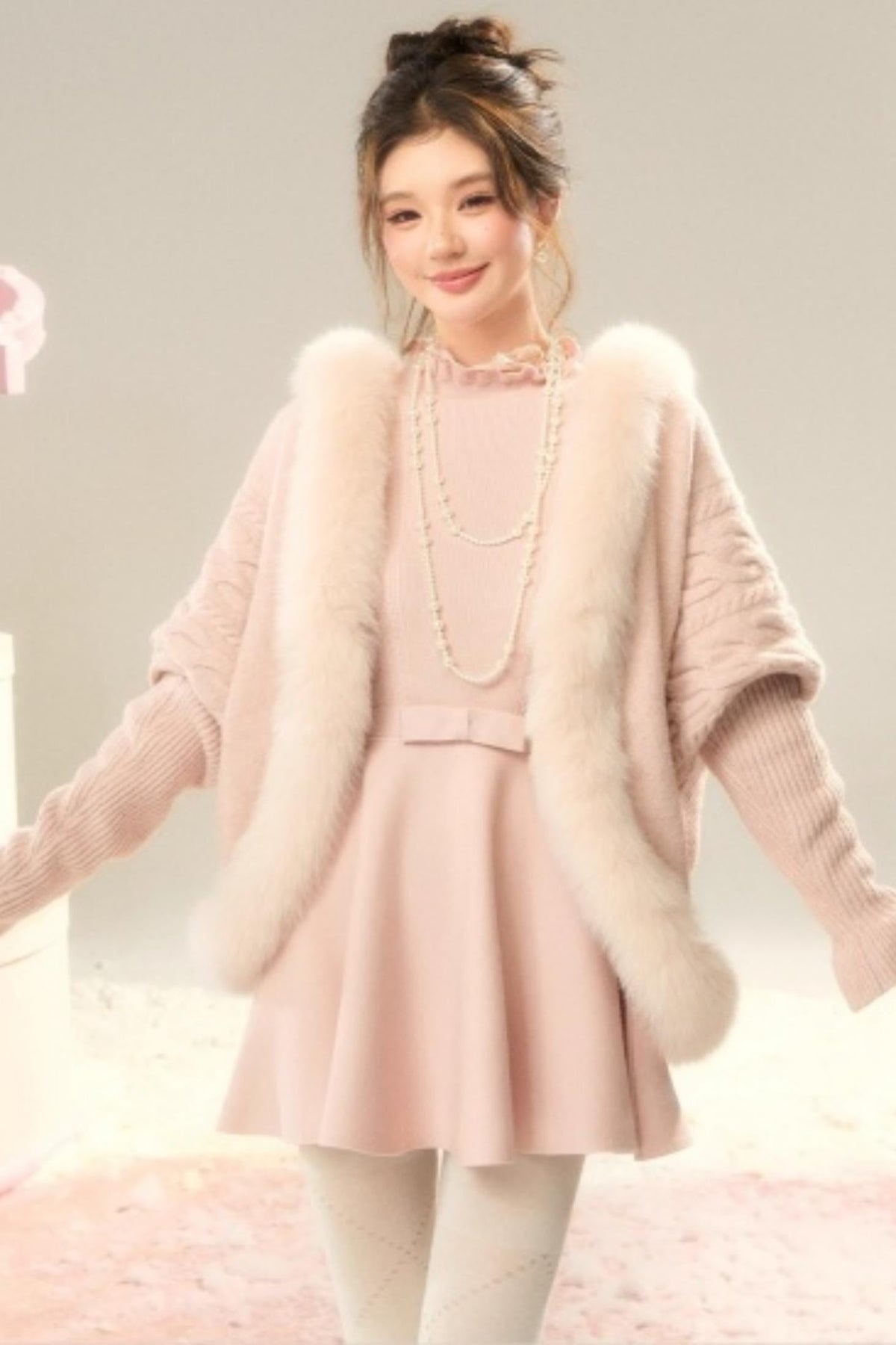 Lace High-Neck Knitted Dress