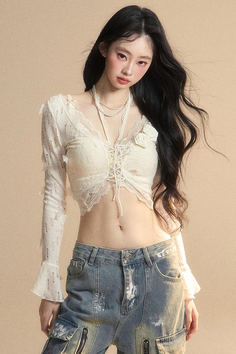 Lace Hollow Neck Long Sleeve Tee Set