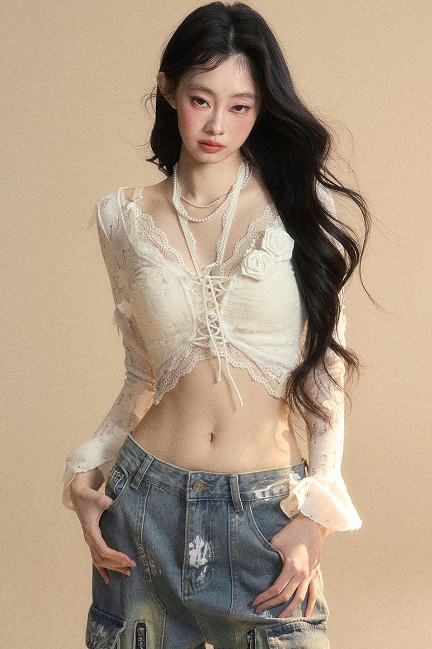Lace Hollow Neck Long Sleeve Tee Set