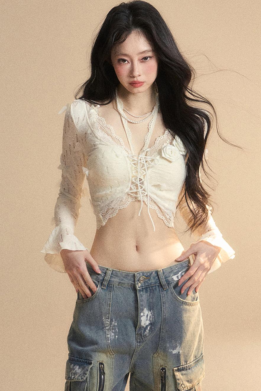 Lace Hollow Neck Long Sleeve Tee Set