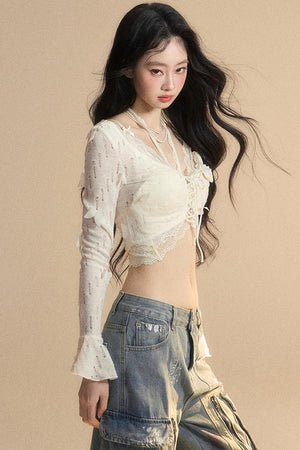 Lace Hollow Neck Long Sleeve Tee Set