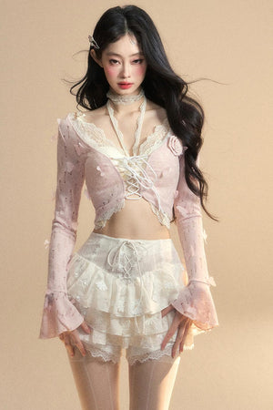 Lace Hollow Neck Long Sleeve Tee Set
