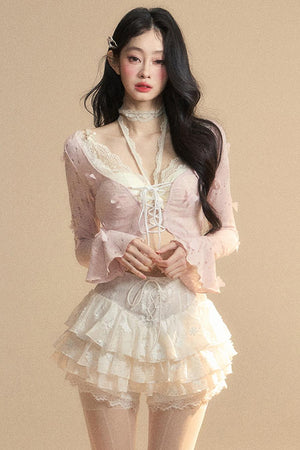 Lace Hollow Neck Long Sleeve Tee Set