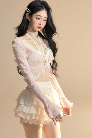 Lace Hollow Neck Long Sleeve Tee Set