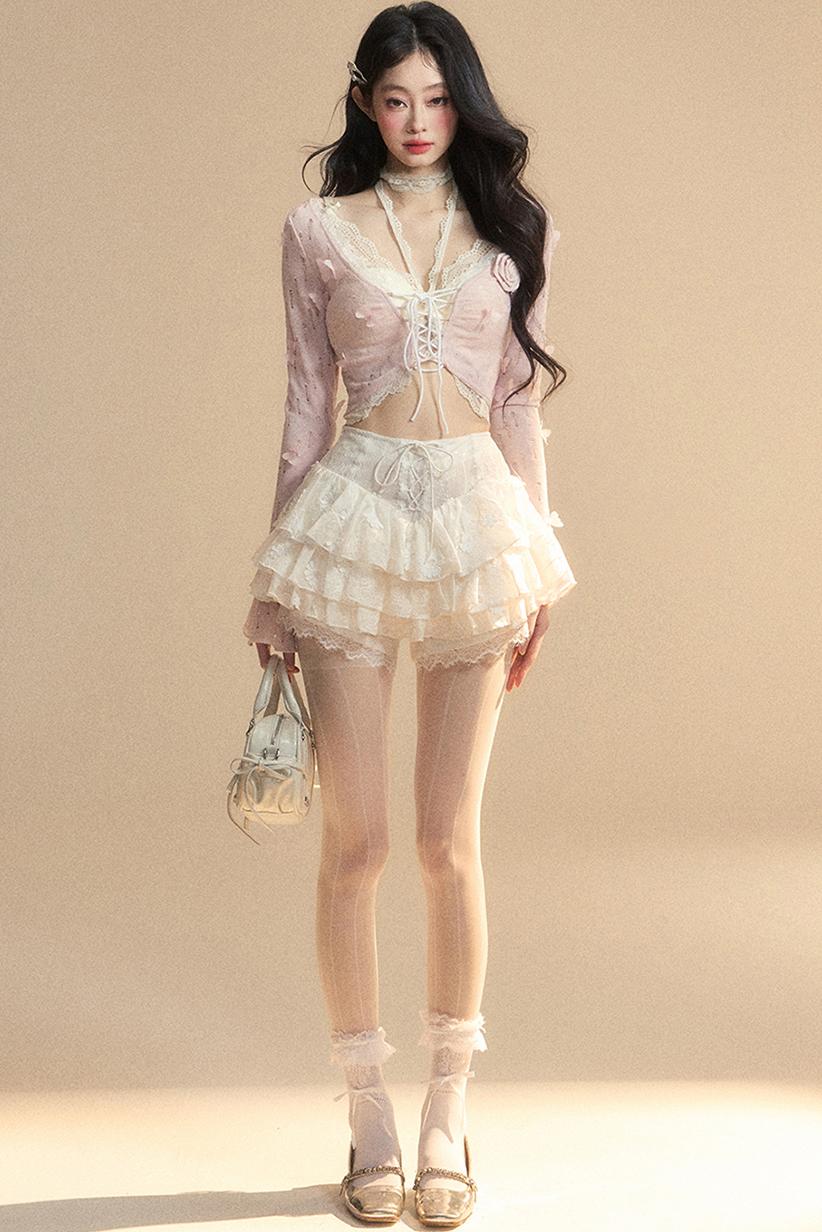 Lace Hollow Neck Long Sleeve Tee Set