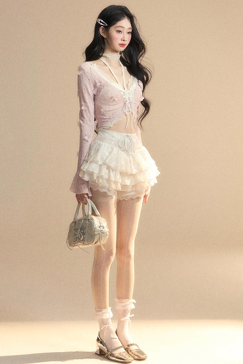 Lace Hollow Neck Long Sleeve Tee Set