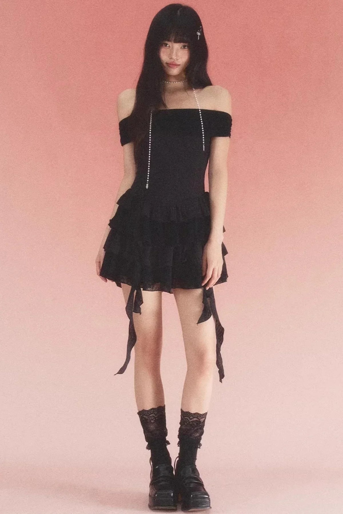 Lace Jacquard One-Shoulder Dress