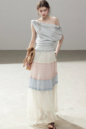 Lace Off-Shoulder Short Design T-Shirt