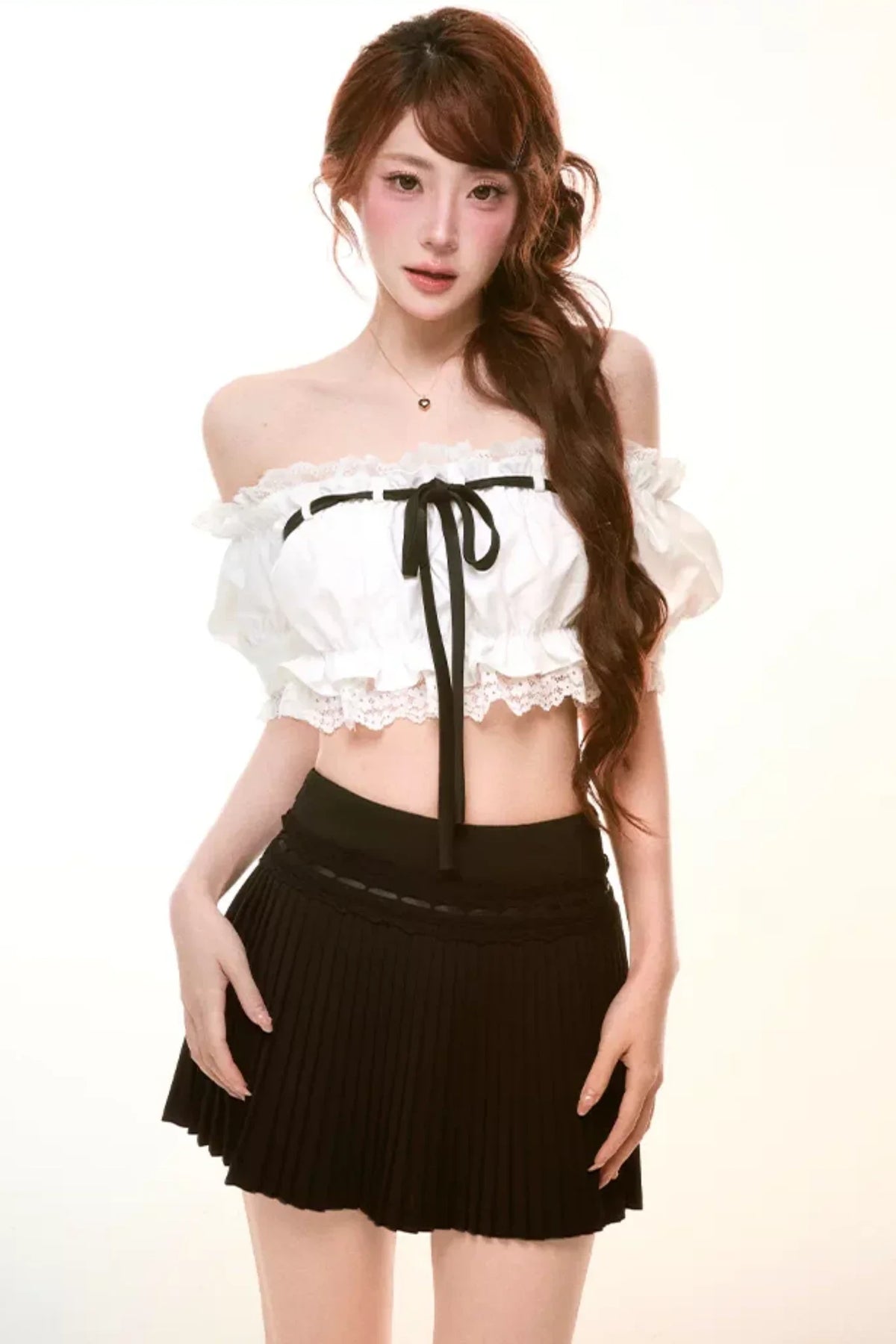 Lace Off-Shoulder Top Skirt Pants Set-Up