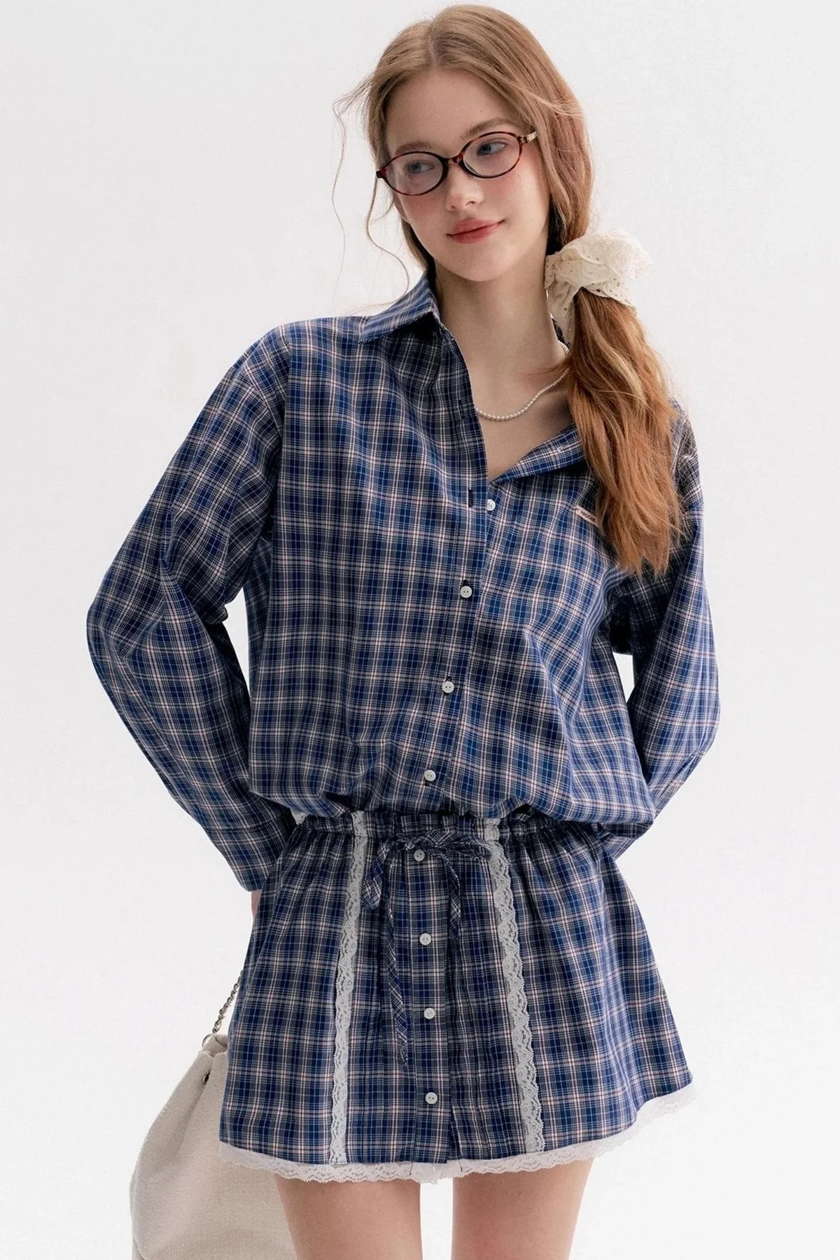 Lace Panel Check Loose Shirt Set-Up