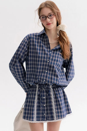 Lace Panel Check Loose Shirt Set-Up