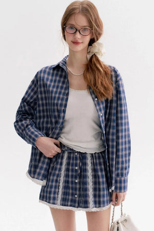 Lace Panel Check Loose Shirt Set-Up