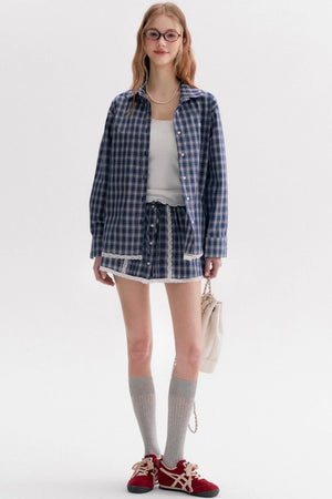 Lace Panel Check Loose Shirt Set-Up