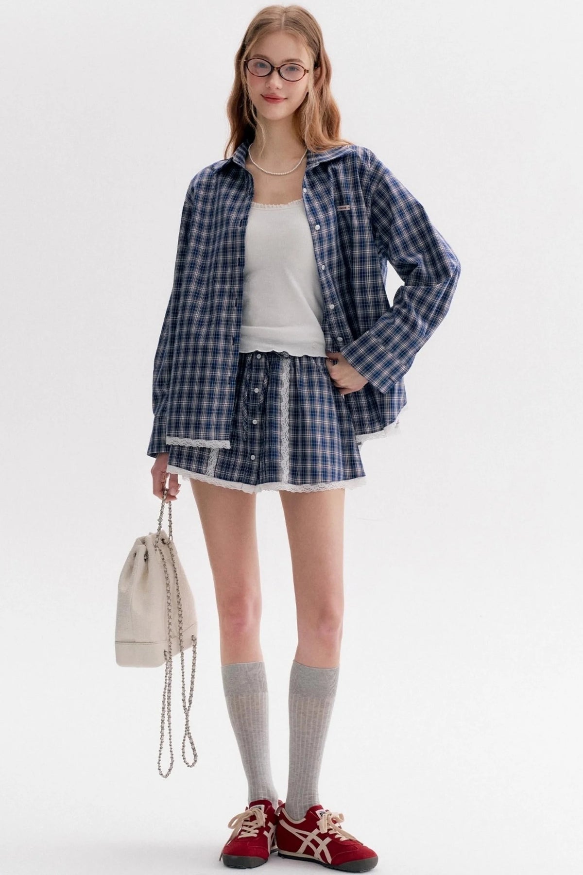 Lace Panel Check Loose Shirt Set-Up