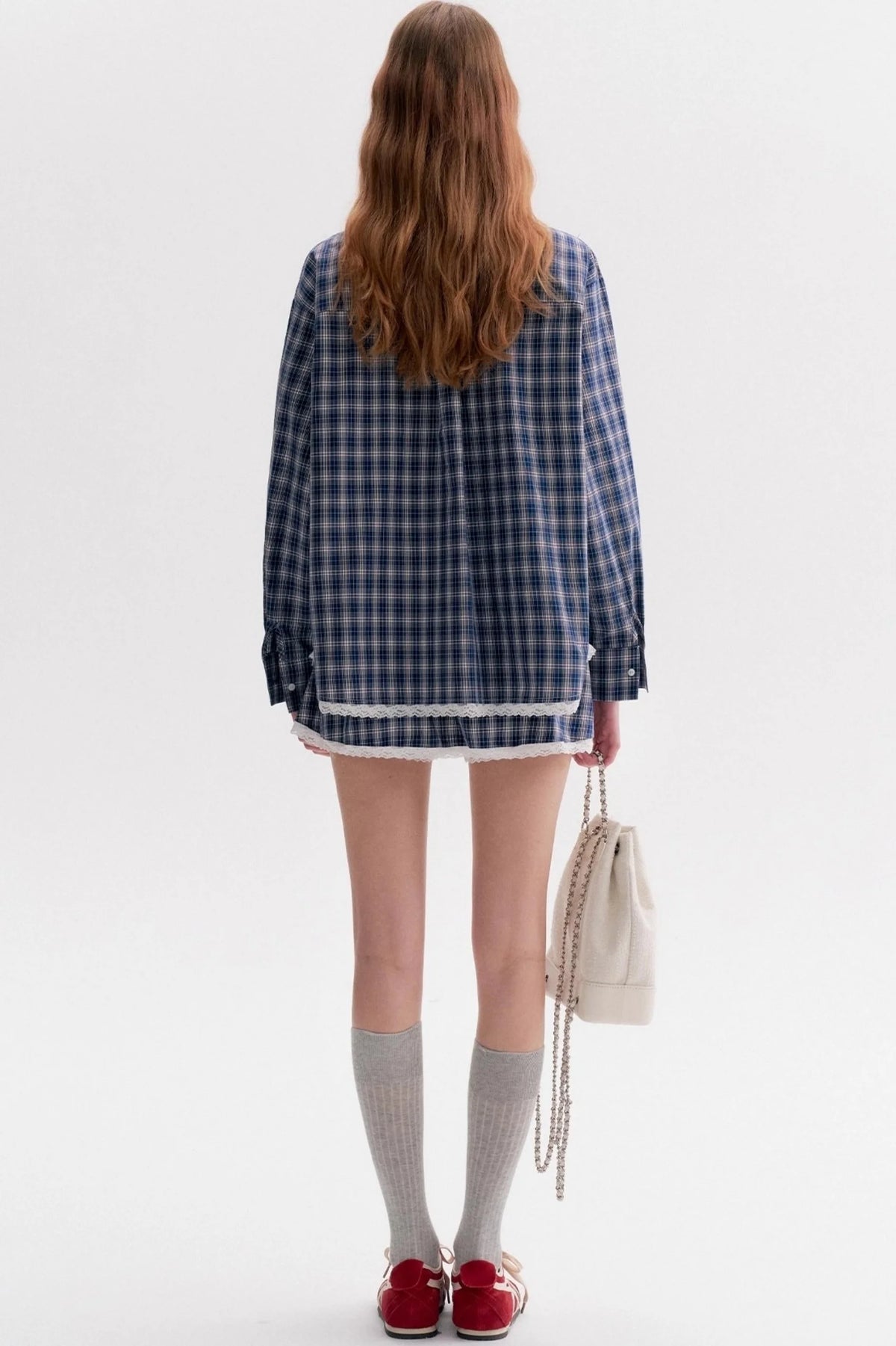 Lace Panel Check Loose Shirt Set-Up