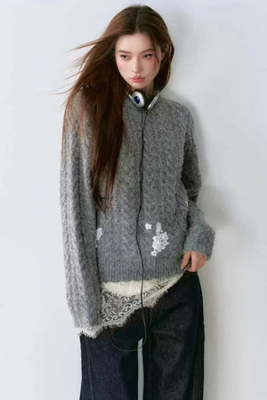 Lace Panel Padded Pullover Sweater