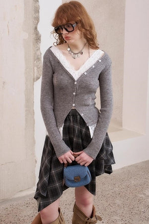 Lace Panel V-Neck Knitted Cardigan