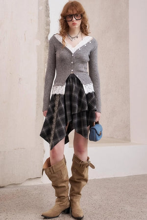 Lace Panel V-Neck Knitted Cardigan