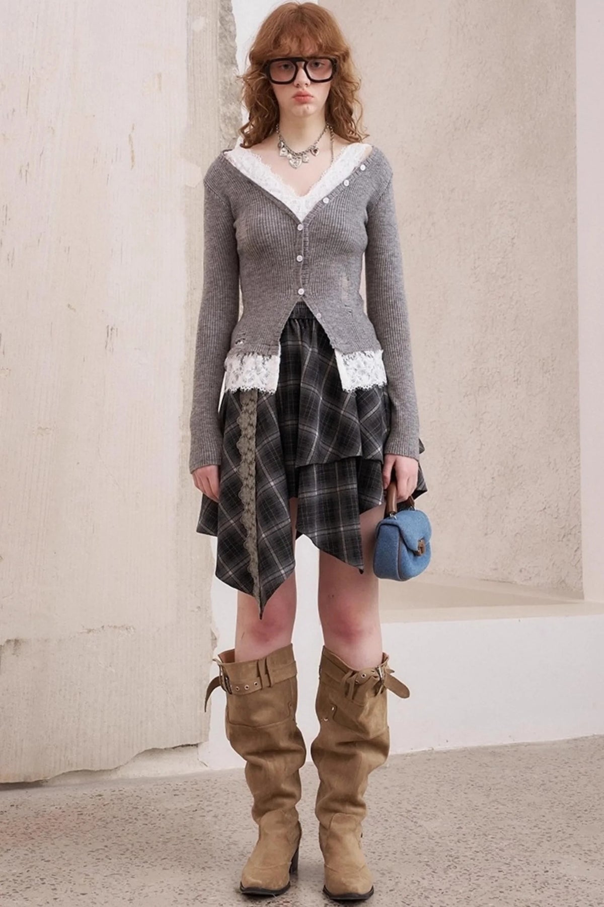 Lace Panel V-Neck Knitted Cardigan