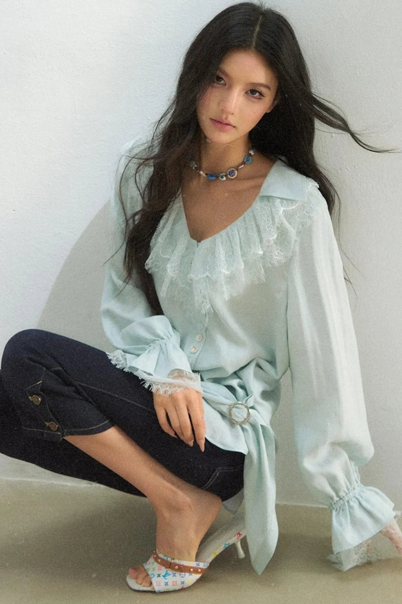 Lace Patchwork Asymmetrical Blouse