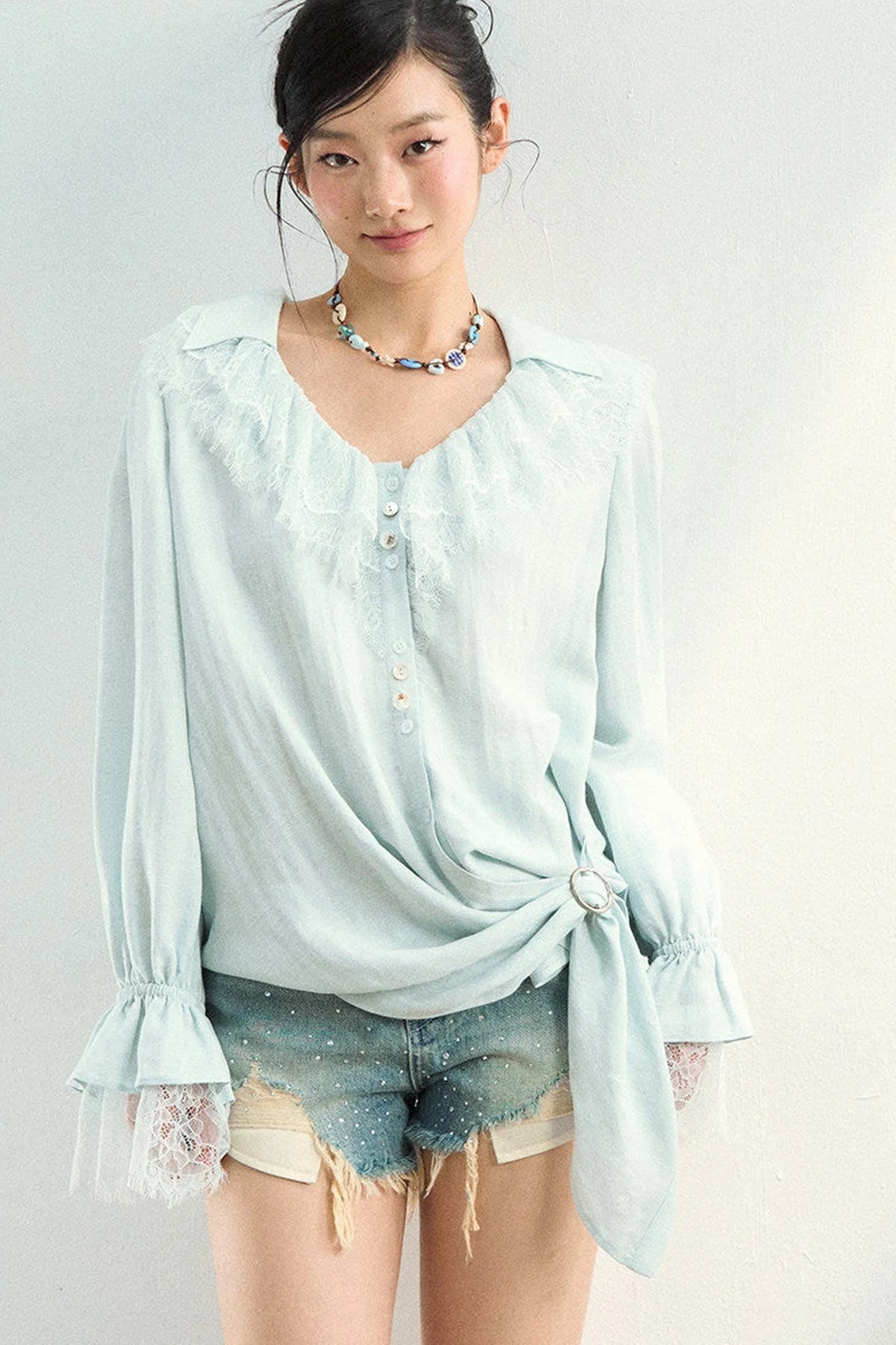 Lace Patchwork Asymmetrical Blouse