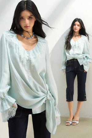 Lace Patchwork Asymmetrical Blouse