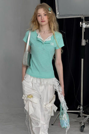 Lace Patchwork Fitted Two-Layer T-Shirt