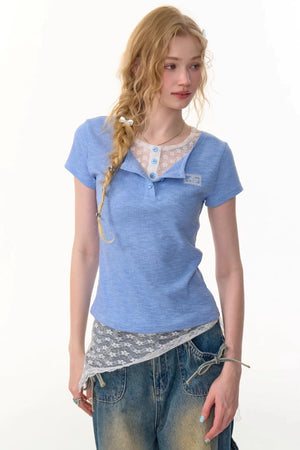 Lace Patchwork Fitted Two-Layer T-Shirt