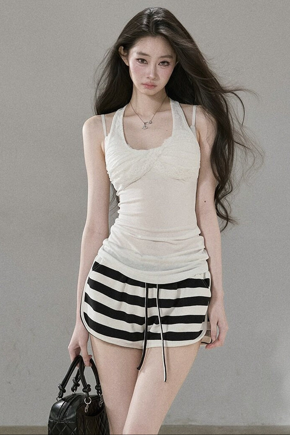 Lace Patchwork Pleated Racerback Camisole