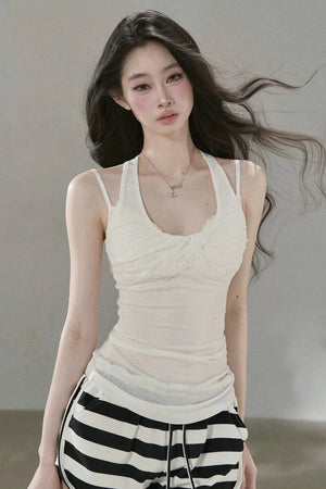 Lace Patchwork Pleated Racerback Camisole