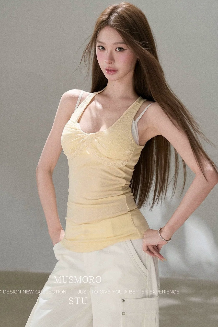 Lace Patchwork Pleated Racerback Camisole